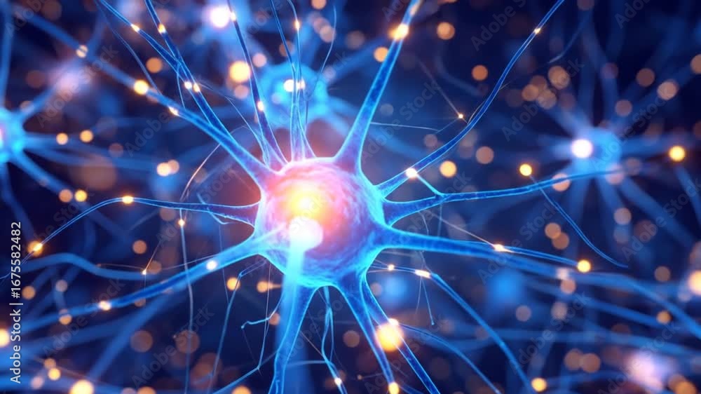 Aufkleber abstract blue neuron network with glowing orange synapses connecting brain cells digital data backgr