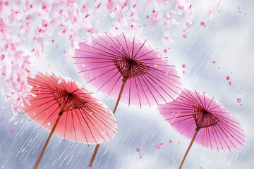 Traditional Japanese umbrellas under cherry blossoms