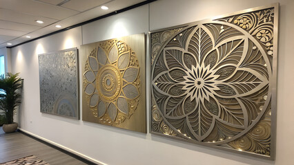 Three square floral art panels in gold and silver hanging on a white wall creating a modern design