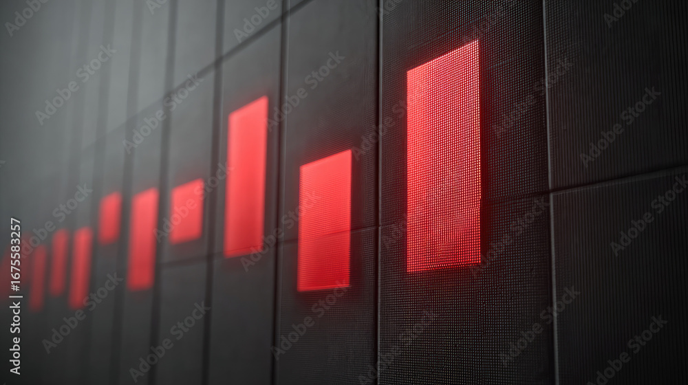 Poster red digital bar graph on black screen showing data