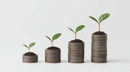 Young plant growing on stacked coins showing financial growth
