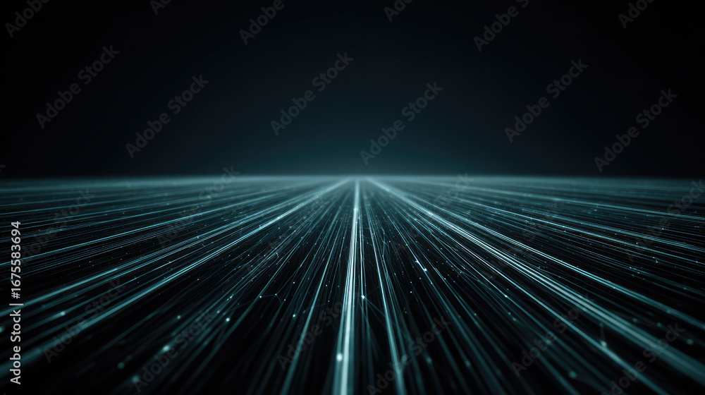 Poster futuristic glowing blue lines converging dark space creating depth