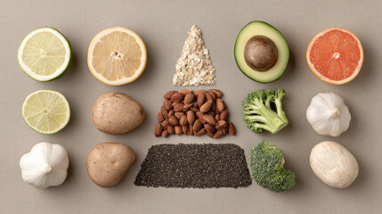 Healthy food ingredients with nuts and vegetables arranged on table