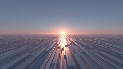 Fototapeta premium Sunset over futuristic metallic surface with reflective panels