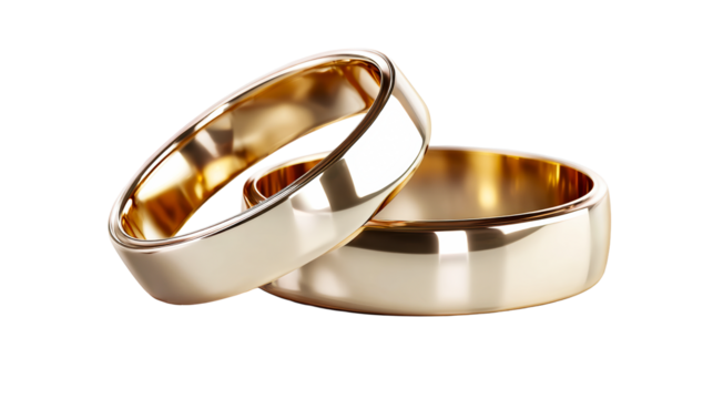 Pair of polished gold wedding bands symbolizing commitment and partnership, cut out transparent