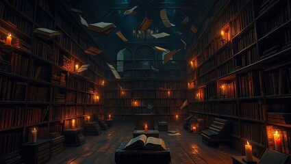 Fototapeta premium A grand library with countless books, candles, and a sense of wonder