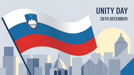 Slovenia Flag Waving On Skyline Unity Day 26th December Background. Independence and Unity Day Concept Design Vector Illustration.