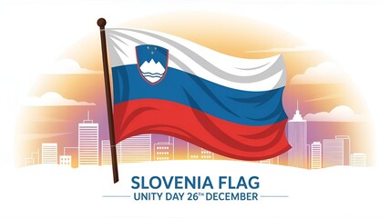 Slovenia Flag Waving On Skyline Unity Day 26th December Background. Independence and Unity Day Concept Design Vector Illustration.