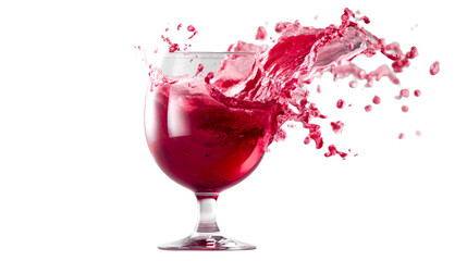 Red liquid splashing dynamically from a clear wine glass, cut out transparent