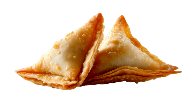Golden Fried Triangle Pastries With Honey Drizzle Close Up, cut out transparent