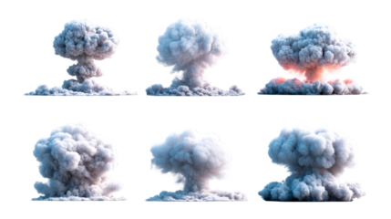 Six distinct mushroom cloud formations from explosions against a neutral background, cut out transparent