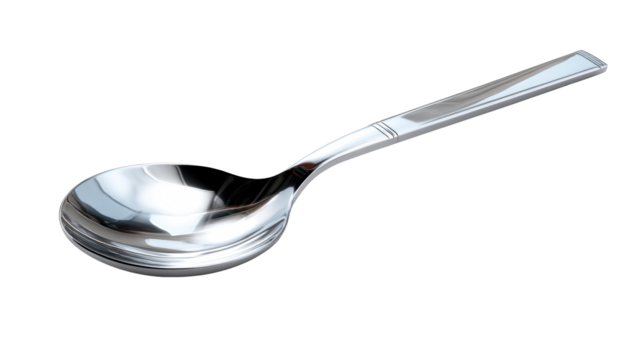 Polished Metal Spoon with Reflective Surface and Subtle Ribbing on Handle, cut out transparent