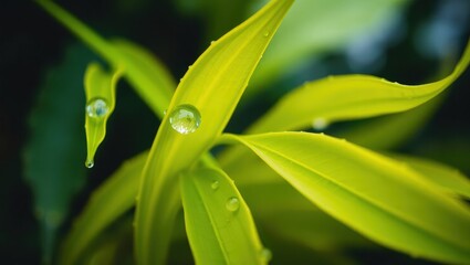 Closeup of vibrant green leaves adorned with glistening water droplets