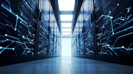 Data Center Server Room With Glowing Blue Lines - Powered by Adobe