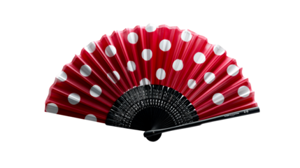 Open Red Folding Fan with White Polka Dots and Black Handle, cut out transparent