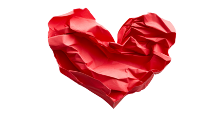Crushed Red Paper Heart Shape Isolated on White Background with Soft Shadow, cut out transparent