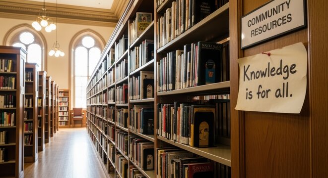 Library Interior with Bookshelves, Arched Windows, and "Knowledge is for All" Sign