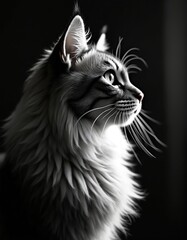 Stunning close-up portrait of fluffy long-haired cat in profile. Striking grey tabby markings contrast with bright eyes against dark, moody background. Detailed focus on whiskers, fur texture, alert