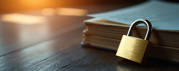 Golden padlock secures stacked documents, book on wooden surface. Business security, data privacy, confidential information protection. Represents corporate safety, personal data safeguarding,
