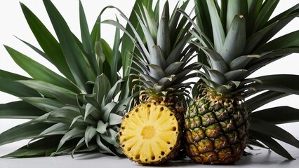 Fototapeta premium Fresh Pineapple Still Life with Sliced Fruit and Green Leaves Tropical Delight