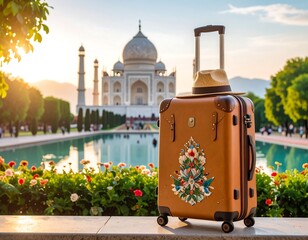 Travel suitcase in front of the Taj Mahal