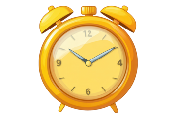 Timer icon features bright yellow cartoon style with alarm bells, showing a clock face with blue hands positioned at four and nine