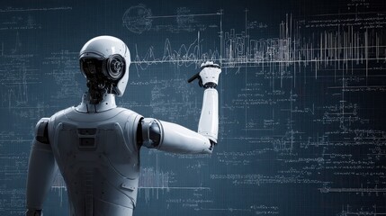 I robot writing formulas on glass board for data analysis