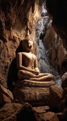 Serene Buddha statue in a cave setting