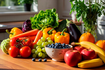Assortment of Colorful Fresh Vegetables and Fruits on Kitchen Counter in Sunlight
