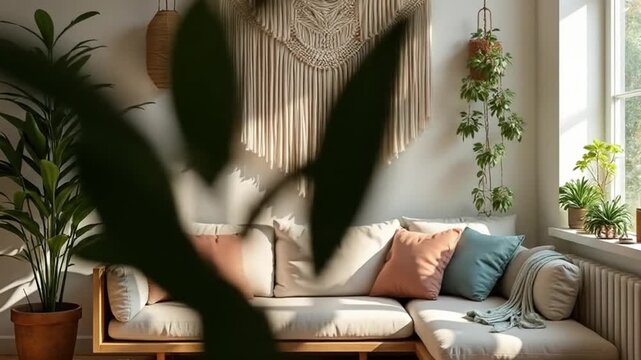 Stylish interior design with bohemian accents, featuring a comfortable couch, plants and macrame