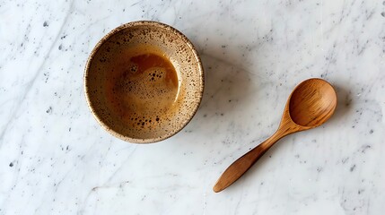 Speckled Ceramic Bowl with Dark Liquid and Wooden Spoon on White Marble - Cozy Minimalist Coffee Scene