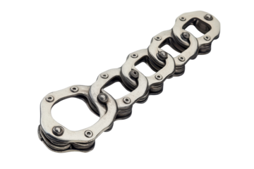 Bicycle chain metallic links isolated on a white background showcasing its intricate structure and design for cycling enthusiasts or mechanics