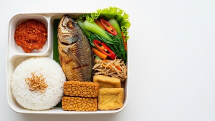 Indonesian Lunch Box with Fried Fish and Sambal