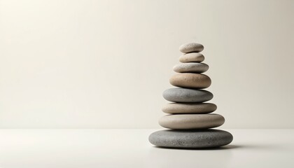 Stacked stones symbolize Zen philosophy, peace, harmony. Minimalistic arrangement in neutral beige tones offers tranquil scene for meditation, yoga, wellness practices, promoting inner stillness,
