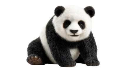 Cute young panda bear sitting facing forward on a white background, cut out transparent