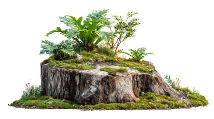 Mossy tree stump with lush green foliage and rocks, cut out transparent