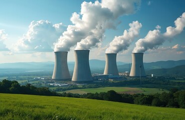 Nuclear power plant cooling towers emit steam against blue sky with fluffy clouds. Industrial facility sits in scenic landscape with rolling green hills, forests, mountains in distance. Power