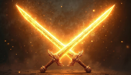 Two glowing swords crossed in dramatic contrast inner human conflict, emotional struggle. Fiery energy emanates from blades with sparks, particle effects suggesting dynamic battle between light,