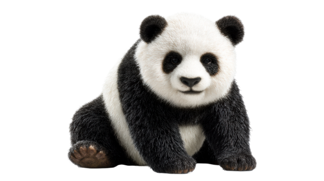 Cute young panda bear sitting facing forward on a white background, cut out transparent