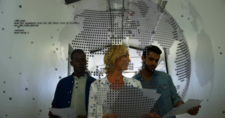 Central woman starting reading tech briefing in corridor, team listening as globe overlay spinning - Powered by Adobe