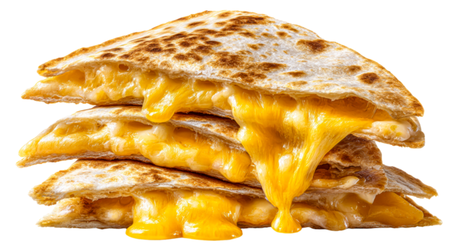 Melted cheese oozing from stacked crispy quesadilla wedges, cut out transparent - Powered by Adobe