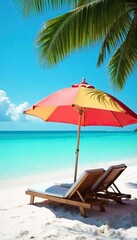 Obraz premium Relaxing Bahamas beach scene with vibrant umbrella providing shade on pristine white sand and turquoise water Perfect for travel, vacation, and tropical getaway themes , white, island, ocean