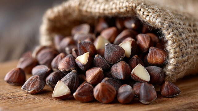 Buckwheat spilling from a burlap bag onto a wooden surface.