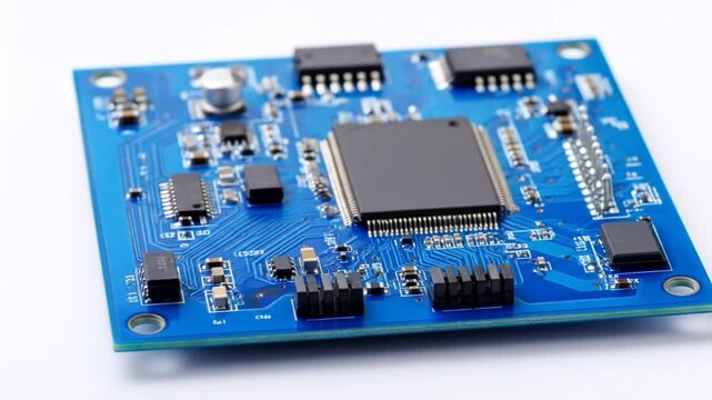 Close Up of a Square Blue Circuit Board Featuring Intricate Microchips and Electronic Components on a Clean White Background