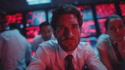 Serious man working in a control room with computers and monitors