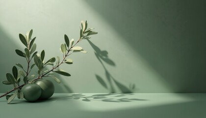Elegant olive branch with leaves rests on sage green surface against muted green wall. Soft light casts gentle shadows, highlights minimalist, botanical composition. Serene, natural aesthetic suits