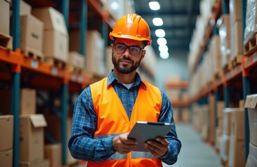 Man in orange hard hat, safety vest, and glasses inspects warehouse inventory on clipboard. He wears blue plaid shirt, responsible job in industrial facility, checking boxes on shelves.