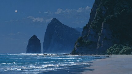 Serene Night Seascape with Moon and Dramatic Coastal Cliffs