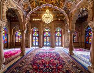 Obraz premium Opulent Interior of a Royal Palace in India with Stained Glass Windows and Intricate Decorations