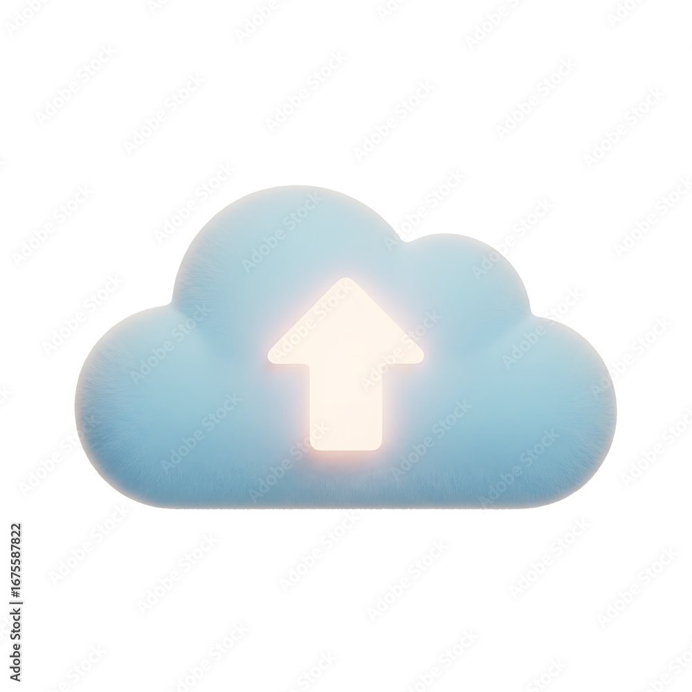 Poster 3d cloud upload icon with glowing arrow symbol for data transfer and storage services